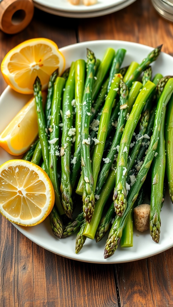 A plate of sautéed asparagus with garlic, garnished with lemon and Parmesan cheese.